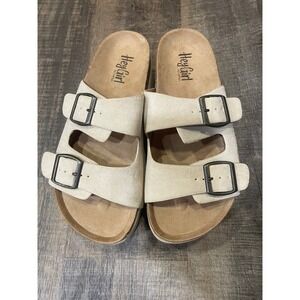 Hey Girl Cream Cork Footbed Slides Double Buckle Comfort Women Sandals